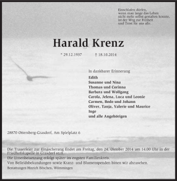 Todesanzeige von Harald Krenz von KRZ