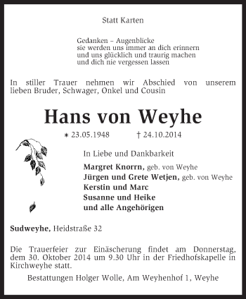 Todesanzeige von Hans von Weyhe von KRZ