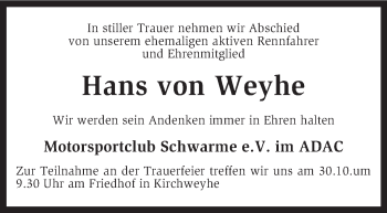 Todesanzeige von Hans von Weyhe von KRZ