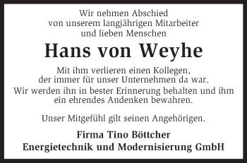 Todesanzeige von Hans von Weyhe von KRZ