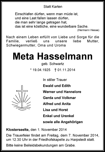 Todesanzeige von Meta Hasselmann von KRZ