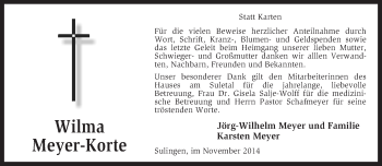 Todesanzeige von Wilma Meyer-Korte von KRZ