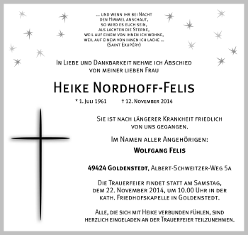 Todesanzeige von Heike Nordhoff-Felis von KRZ