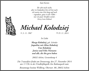 Todesanzeige von Michael Kolodziej von KRZ