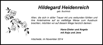 Todesanzeige von Hildegard Heidenreich von KRZ