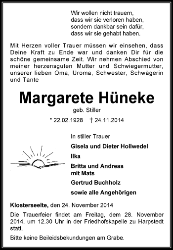 Todesanzeige von Margarete Hüneke von KRZ