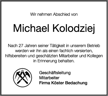 Todesanzeige von Michael Kolodziej von KRZ