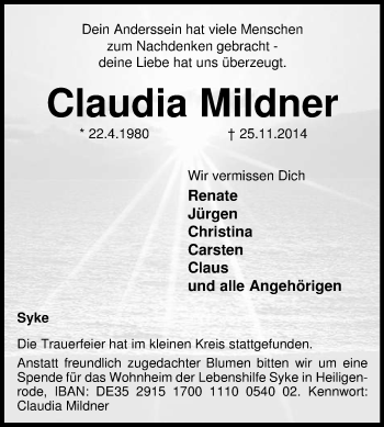 Todesanzeige von Claudia Mildner von KRZ