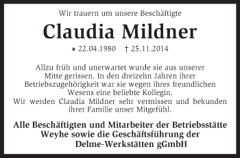 Todesanzeige von Claudia Mildner von KRZ