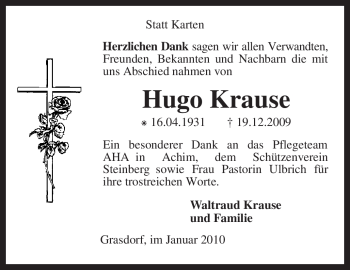 Todesanzeige von Hugo Krause von KREISZEITUNG SYKE