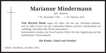 Todesanzeige von Marianne Mindermann von KREISZEITUNG SYKE