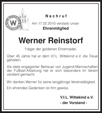 Todesanzeige von Werner Reinstorf von KREISZEITUNG SYKE