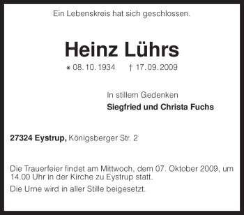 Todesanzeige von Heinz Lührs von KREISZEITUNG SYKE