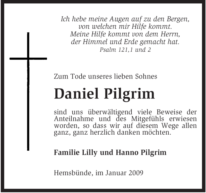  Traueranzeige für Daniel Pilgrim vom 20.01.2009 aus KREISZEITUNG SYKE