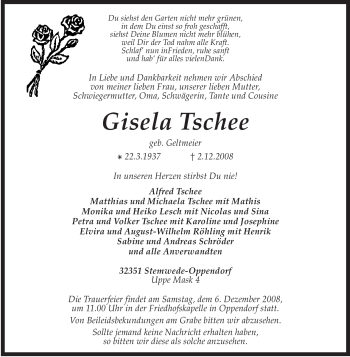 Todesanzeige von Gisela Tschee von KREISZEITUNG SYKE
