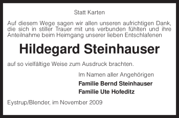 Todesanzeige von Hildegard Steinhauser von KREISZEITUNG SYKE