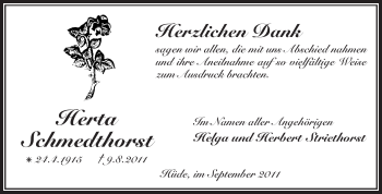 Todesanzeige von Herta Schmedthorst von KREISZEITUNG SYKE