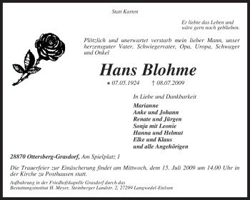 Todesanzeige von Hans Blohme von KREISZEITUNG SYKE