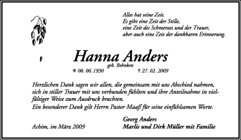 Todesanzeige von Hanna Anders von KREISZEITUNG SYKE