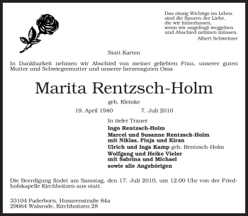 Todesanzeige von Marita Rentzsch-Holm von KREISZEITUNG SYKE
