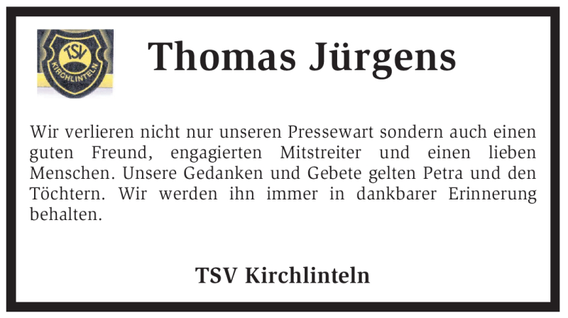 Traueranzeige für Thomas Jürgens vom 04.06.2012 aus KREISZEITUNG SYKE
