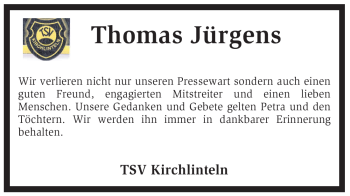 Todesanzeige von Thomas Jürgens von KREISZEITUNG SYKE