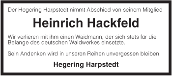 Todesanzeige von Heinrich Hackfeld von KREISZEITUNG SYKE