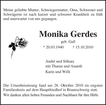 Todesanzeige von Monika Gerdes von KREISZEITUNG SYKE