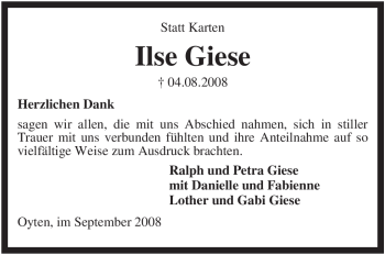Todesanzeige von Ilse Giese von KREISZEITUNG SYKE