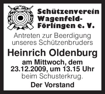 Todesanzeige von Heinrich Oldenburg von KREISZEITUNG SYKE