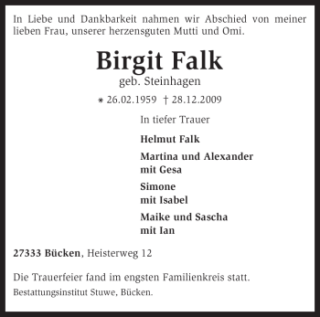 Todesanzeige von Birgit Falk von KREISZEITUNG SYKE