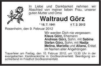 Todesanzeige von Waltraud Görz 