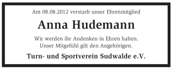 Todesanzeige von Anna Hudemann von KREISZEITUNG SYKE
