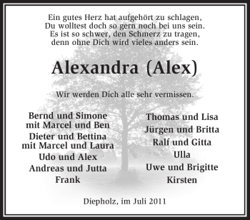 Todesanzeige von Alexandra Unbekannt von KREISZEITUNG SYKE