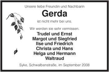 Todesanzeige von Gerda Unbekannt von KREISZEITUNG SYKE