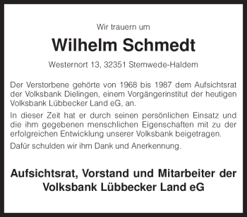 Todesanzeige von Wilhelm Schmedt von KREISZEITUNG SYKE