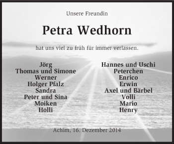 Todesanzeige von Petra Wedhorn von KRZ