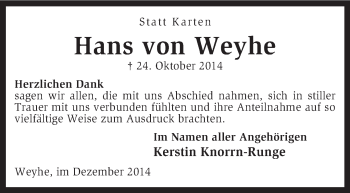 Todesanzeige von Hans von Weyhe von KRZ