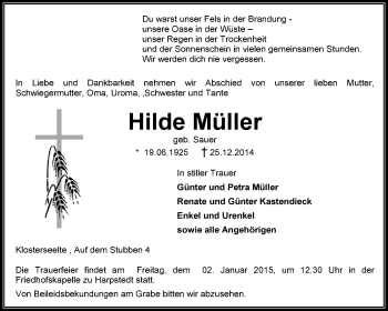Todesanzeige von Hilde Müller von KRZ