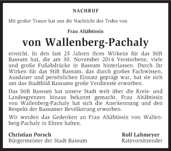 Todesanzeige von Altabtässin von Wallenberg-Pachaly von KRZ