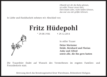 Todesanzeige von Fritz Hüdepohl von KRZ