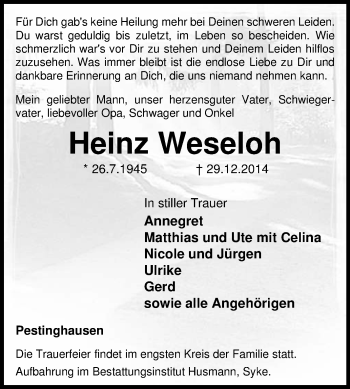Todesanzeige von Heinz Weseloh von KRZ