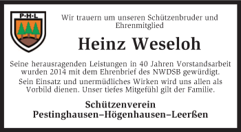 Todesanzeige von Heinz Weseloh von KRZ