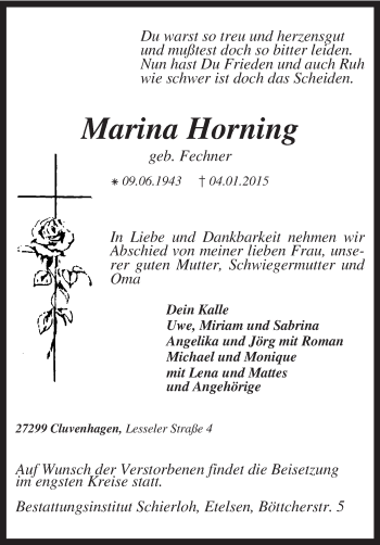 Todesanzeige von Marina Horning von KRZ