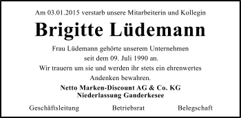 Todesanzeige von Brigitte Lüdemann von KRZ