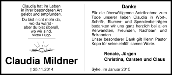 Todesanzeige von Claudia Mildner von KRZ