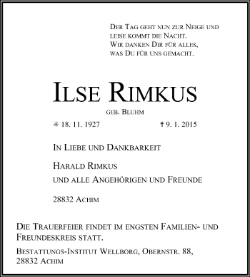 Todesanzeige von Ilse Rimkus von KRZ