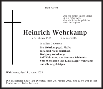 Todesanzeige von Heinrich Wehrkamp von KRZ