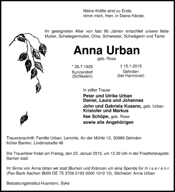 Todesanzeige von Anna Urban von KRZ