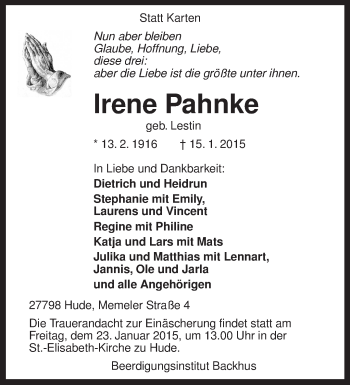 Todesanzeige von Irene Pahnke von KRZ